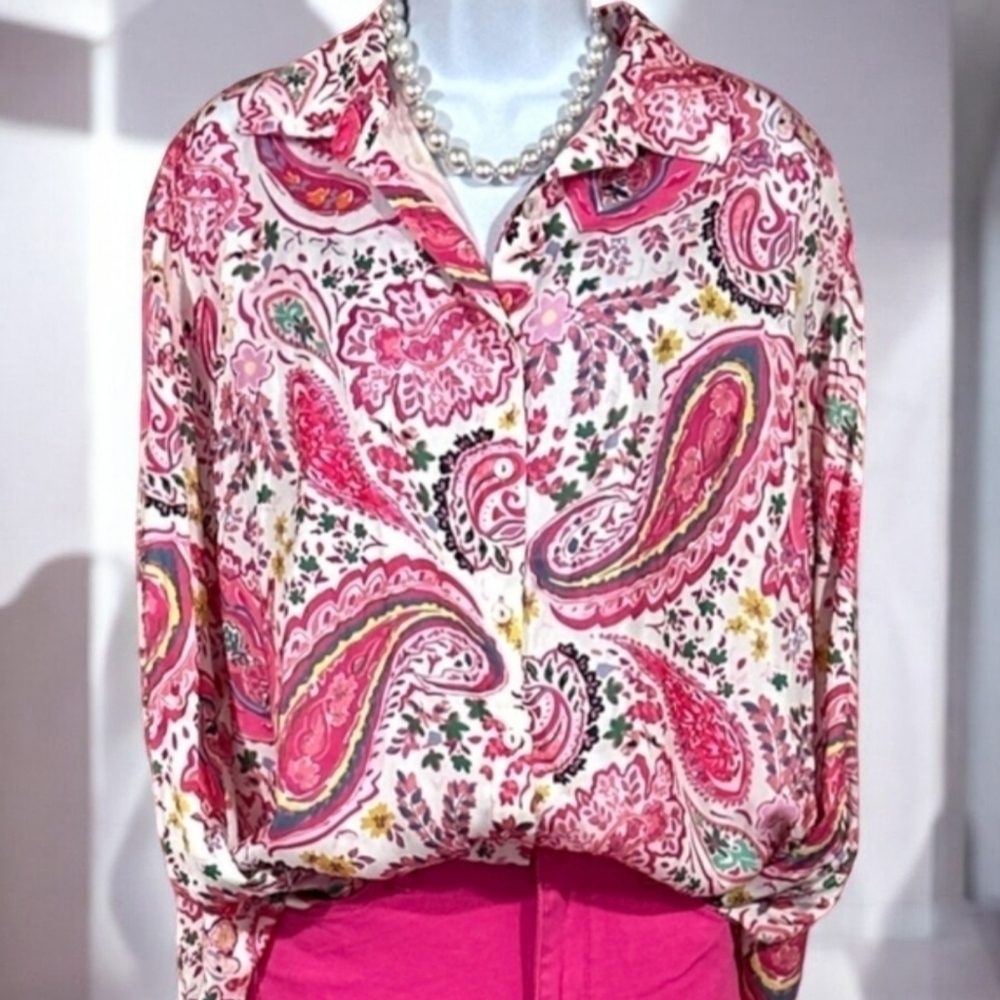 Paisley LS Print Blouse L NWT